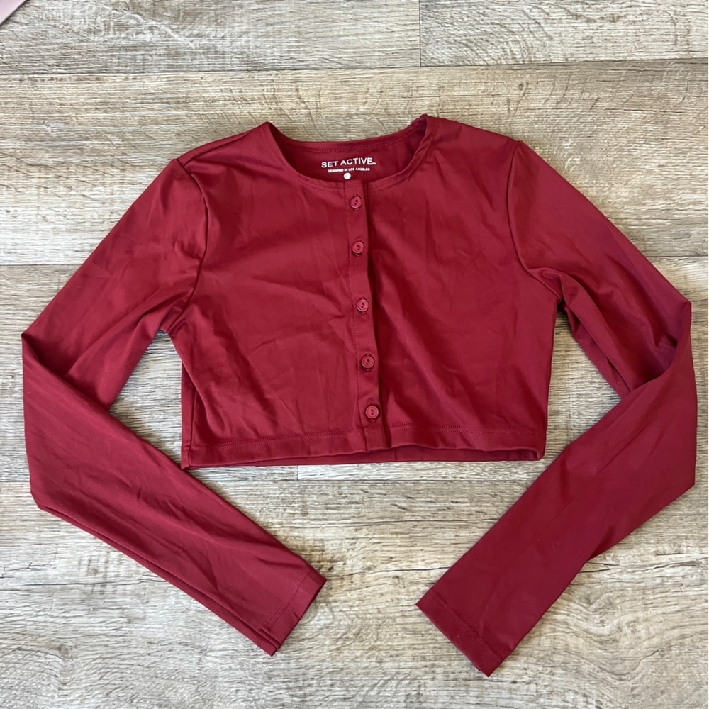 Set Active SportBody Cropped Long Sleeve Cardigan in Burgundy - Picture 2 of 4